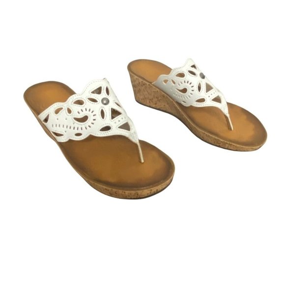 Clarks Shoes - Clarks Mimmey Anne White Cork Laser Cut Thong Wedge Heel Sandal, Size 9